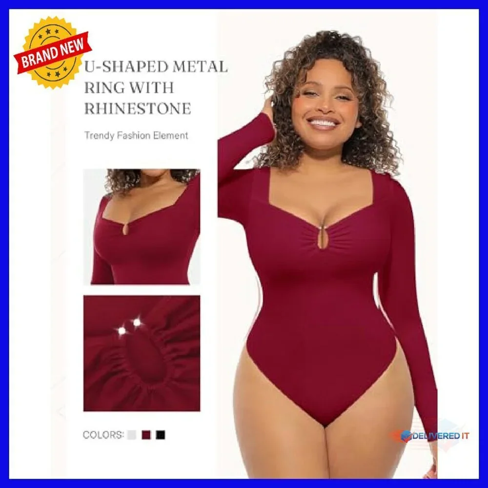 Long Sleeve Tummy Control Bodysuit Seamless Thong Shapewear